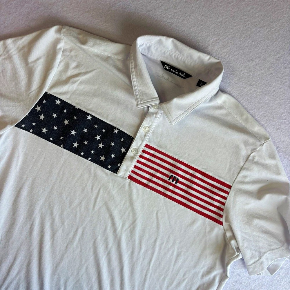 TravisMathew Men's XL Polo Shirt White Striped USA Patriotic Embroidered Logo